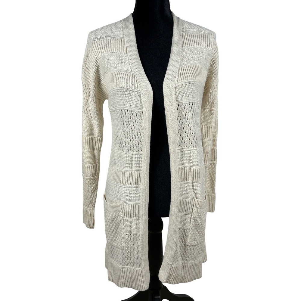 Joie Womens Long Open Front Cardigan Cream Knit Patch Pockets Sweater Small
